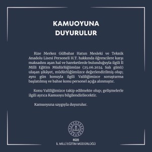 Rize'de Kiz Meslek Lisesinde Maksadini Asan Hal Ve Hareket Iddiasiyla Bir Kisi Hakkinda Sorusturma Baslatildi