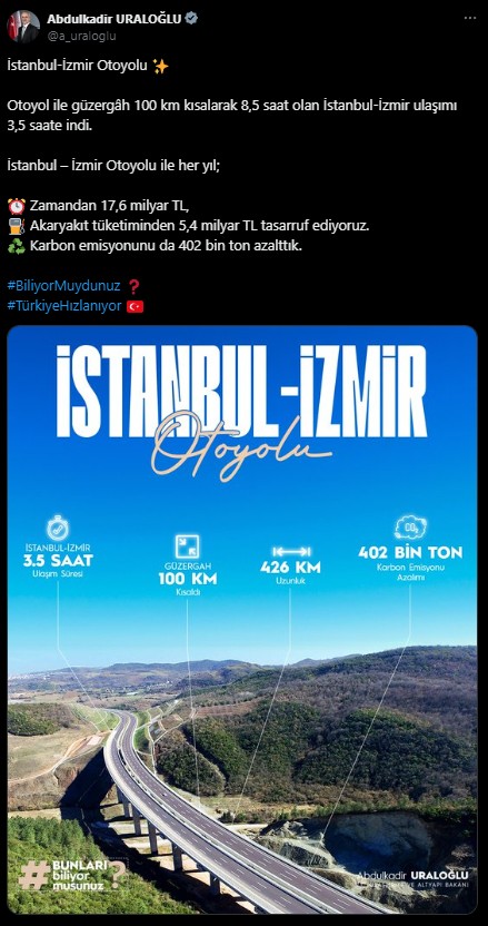 İstanbul-İzmir Otoyolu'ndan 5,4 milyar liralık tasarruf
