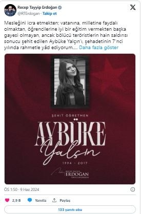 Başkan Erdoğan'dan şehit öğretmen Aybüke Yalçın paylaşımı