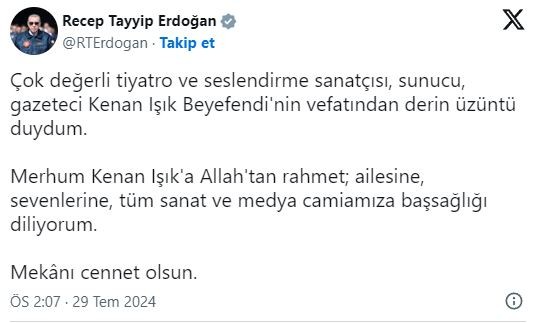 Başkan Erdoğan'dan Kenan Işık paylaşımı