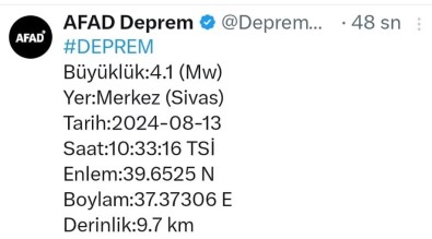 Sivas'ta 4.1 Büyüklügünde Deprem