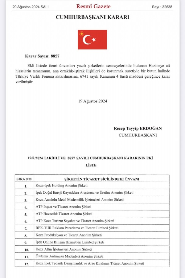 Cumhurbaşkanı kararı Resmi Gazete'de yayımlandı: 12 şirketin bütün hisseleri Türkiye Varlık Fonu'na aktarıldı