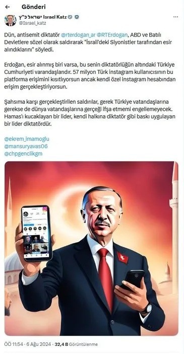 Klavye soytarısı Katil Yisrael Katz yine kudurdu: 'Instagram kararı' sonrası Başkan Erdoğan'a saldırdı