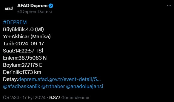 Manisa'da deprem! AFAD duyurdu
