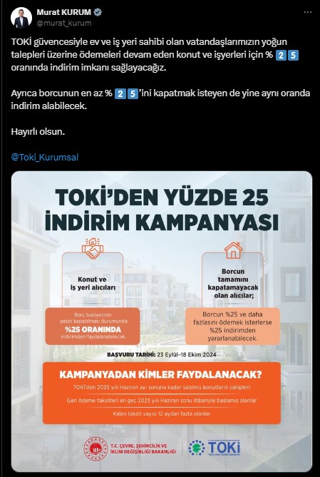 TOKİ'den kampanya! Yüzde 25 indirim olacak
