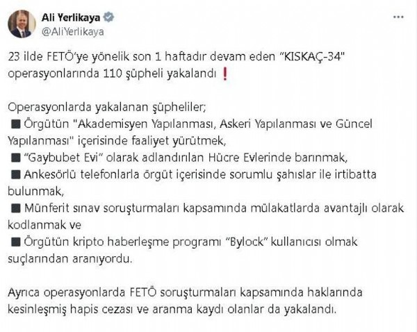 Bakan Yerlikaya duyurdu! 23 ilde FETÖ operasyonu