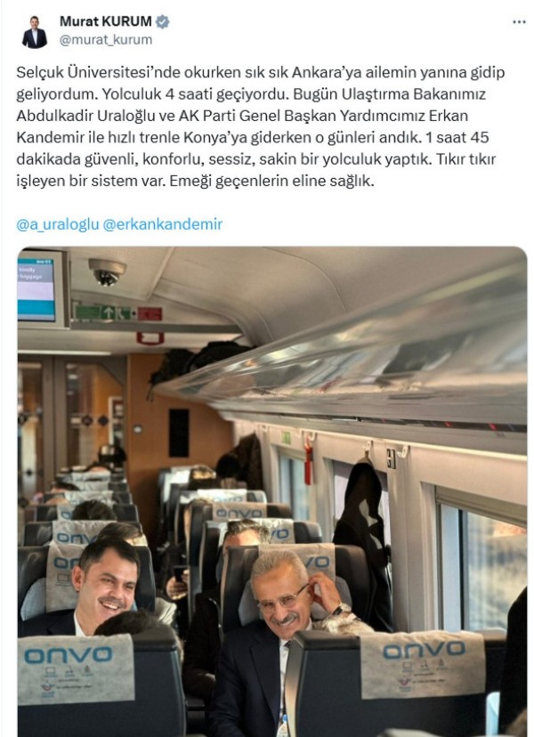 Uraloğlu ve Kurum'dan YHT yolculuğu! Konya'ya hızlı trenle gittiler