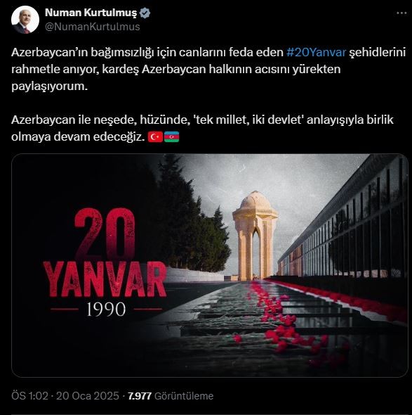 TBMM Başkanı Kurtulmuş'tan 20 Yanvar Şehitlerine Anma Mesajı