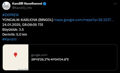 Bingöl'de deprem! Kandilli ilk verileri paylaştı