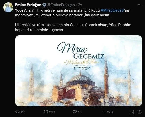 Emine Erdoğan'dan, Miraç Kandili mesajı