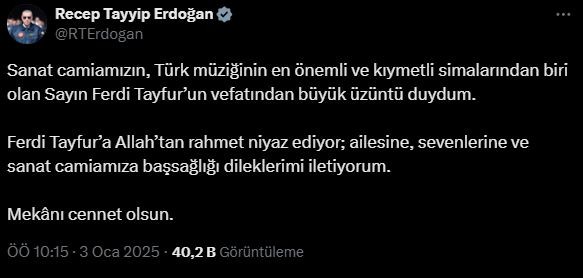 Cumhurbaşkanı Erdoğan'dan Ferdi Tayfur için taziye mesajı