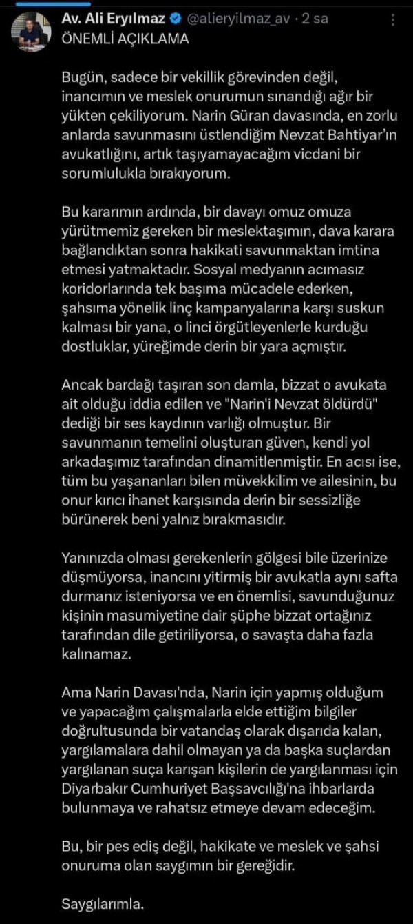 Avukat davadan çekildi! 'Ağır bir yükten çekiliyorum'