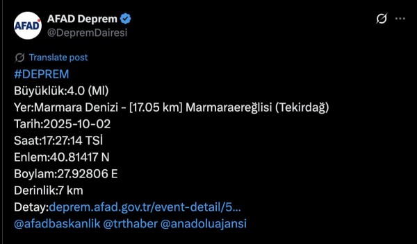 Tekirdağ'da deprem! AFAD açıkladı