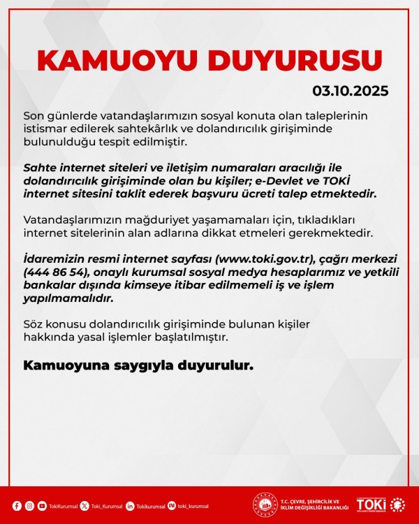 TOKİ’den dolandırıcılık uyarısı! Yasal işlemler başlatılmıştır