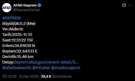 Akdeniz'de deprem! AFAD duyurdu