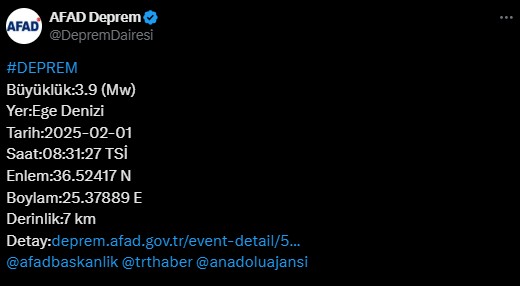 Ege Denizi'nde deprem! AFAD duyurdu