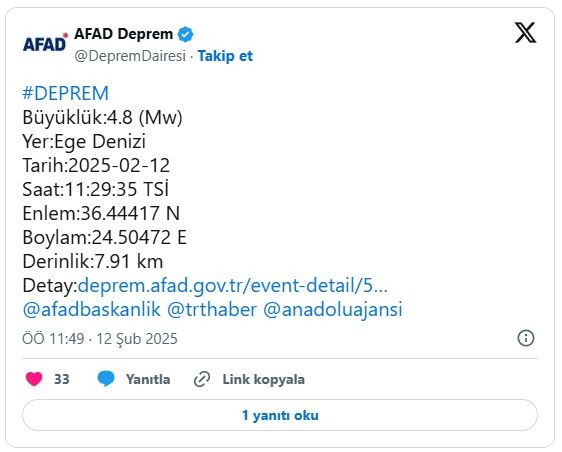 Ege Denizi’nde 4.8 büyüklüğünde deprem!