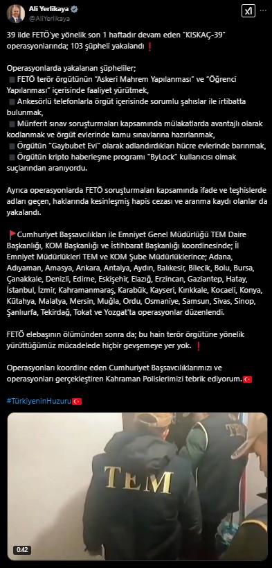 Bakan Yerlikaya duyurdu! 39 ilde KISKAÇ-39 operasyonu