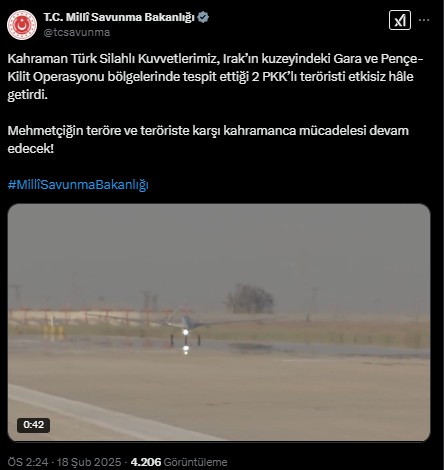 MSB duyurdu! 2 PKK'lı terörist etkisiz hale getirildi