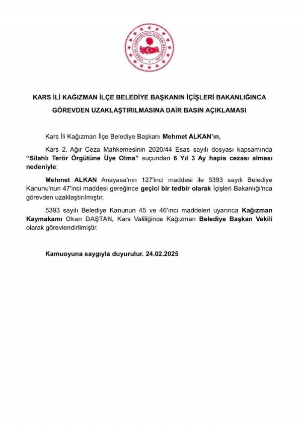 İçişleri duyurdu! DEM Partili Kars Kağızman Belediyesi'ne kayyum