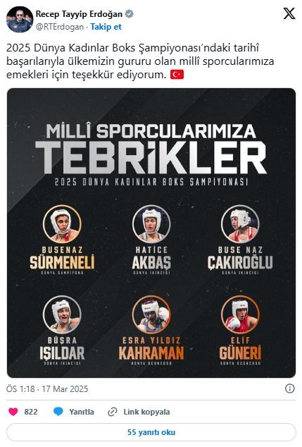 Cumhurbaşkanı Erdoğan'dan Dünya Kadınlar Boks Şampiyonası’nda dereceye giren sporculara tebrik