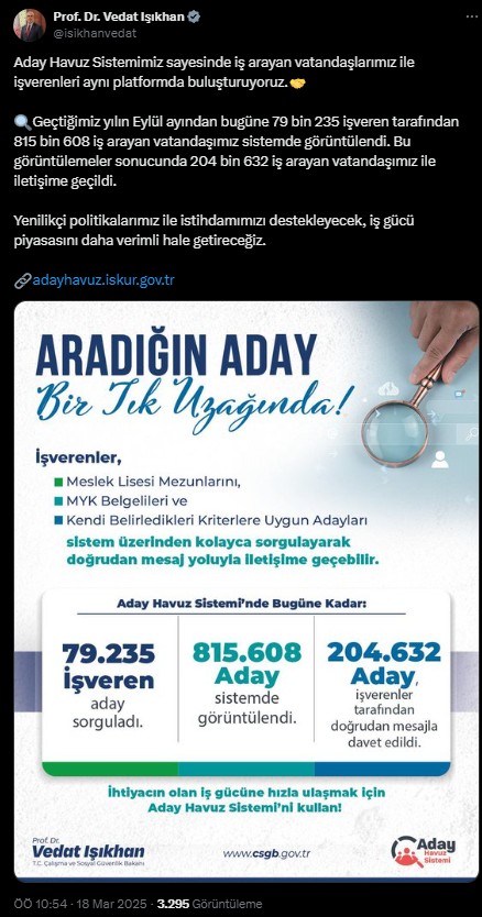 Bakan Işıkhan açıkladı: Binlerce işçi Aday Havuz Sistemi üzerinden görüntülendi