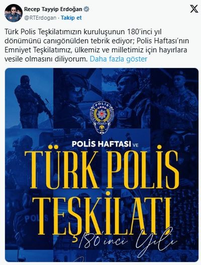 Cumhurbaşkanı Erdoğan'dan Türk Polis Teşkilatı'nın 180’inci yıl dönümü mesajı