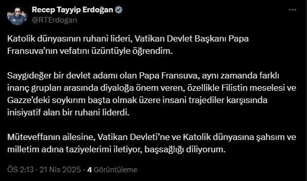 Cumhurbaşkanı Erdoğan'dan Papa için taziye