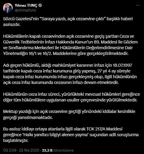 Sözcü'nün “Saraya yazdı, açık cezaevine çıktı” haberi yalanlandı! Bakan Tunç: Soruşturma başlatıldı!
