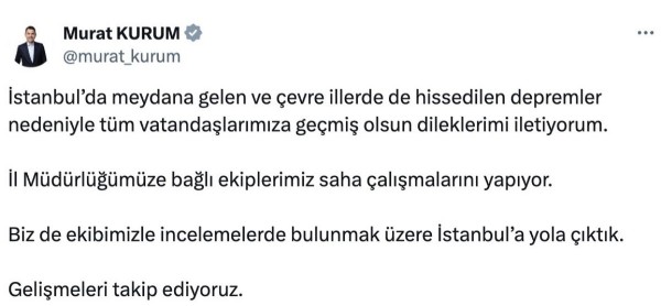 Murat Kurum: İncelemelerde bulunmak üzere İstanbul'a doğru yola çıktık