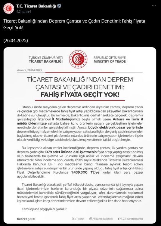 Deprem fırsatçılarına geçit yok! Ticaret Bakanlığı tek tek tespit etti