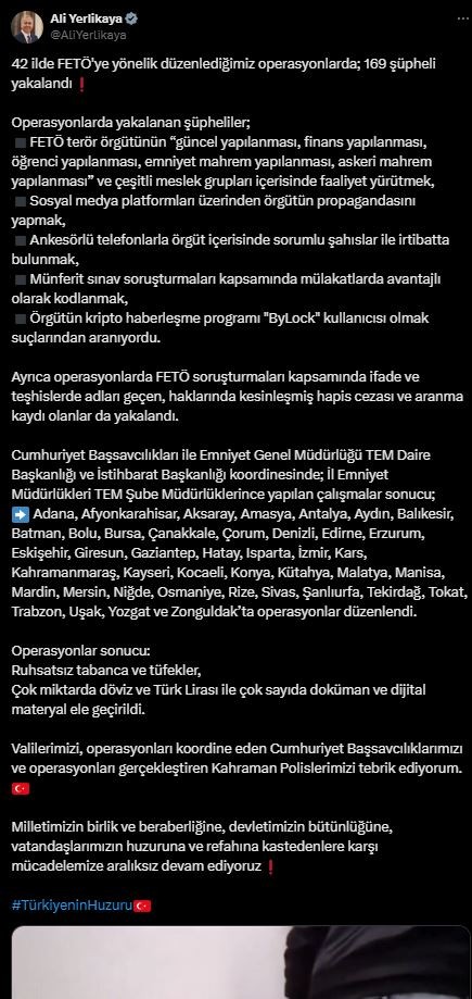 Bakan Yerlikaya duyurdu! 42 ilde FETÖ'ye operasyon