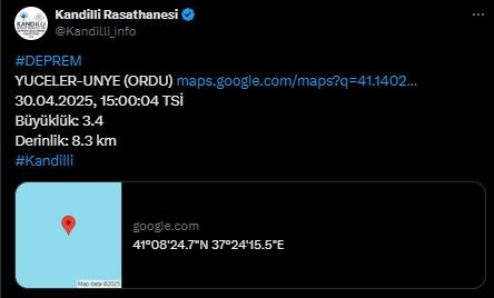 Ordu'da deprem! Kandilli Rasathanesi duyurdu