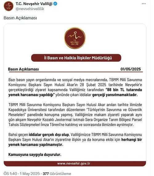 Birgün Hulusi Akar'ı hedef aldı: Nevşehir Valiliğinden o iddialara yalanlama!