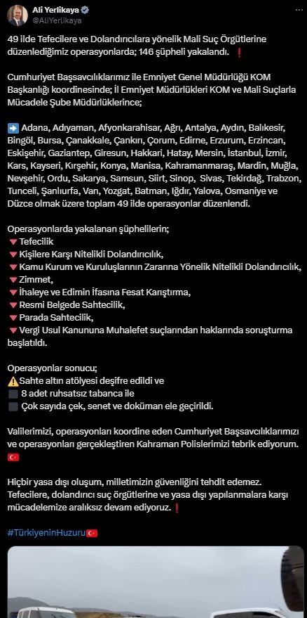 Bakan Yerlikaya duyurdu! Tefecilere 49 ilde büyük operasyon