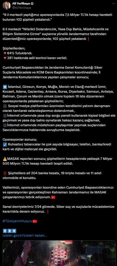 Bakan Yerlikaya duyurdu! 6 ilde büyük operasyon