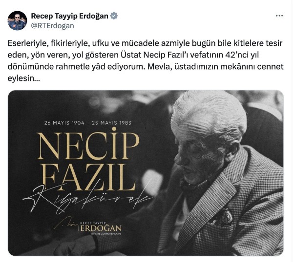 Cumhurbaşkanı Erdoğan'dan Necip Fazıl Kısakürek paylaşımı