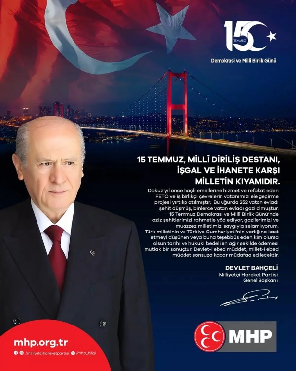Devlet Bahçeli’den ’15 Temmuz’ paylaşımı! ‘İhanete karşı milletin kıyamıdır’