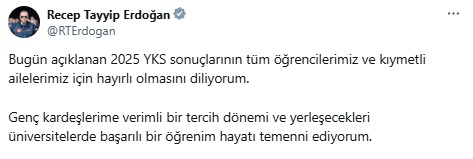 Cumhurbaşkanı Erdoğan'dan YKS mesajı: Öğrenciler ve gençlerimiz için hayırlı olmasını diliyorum