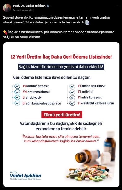 Bakan Işıkhan duyurdu: 12 ilaç daha ödeme listesine alındı