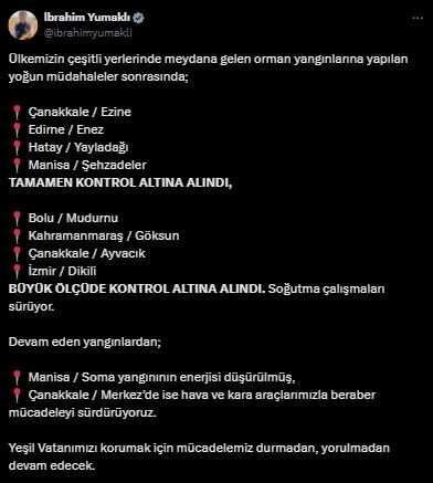 Bakan Yumaklı duyurdu! 8 bölgedeki yangın...