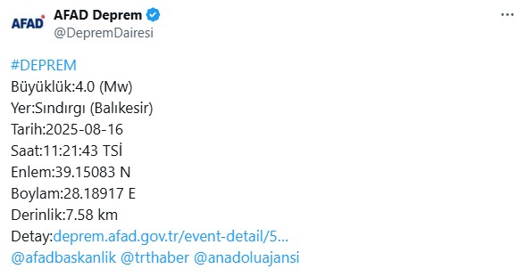 Balıkesir'de deprem! AFAD duyurdu