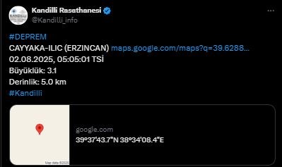 Erzincan'da deprem! Kandilli Rasathanesi açıkladı