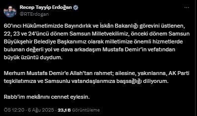 Cumhurbaşkanı Erdoğan'dan taziye mesajı! 'Değerli yol ve dava arkadaşım Mustafa Demir'in vefatından büyük üzüntü duydum'