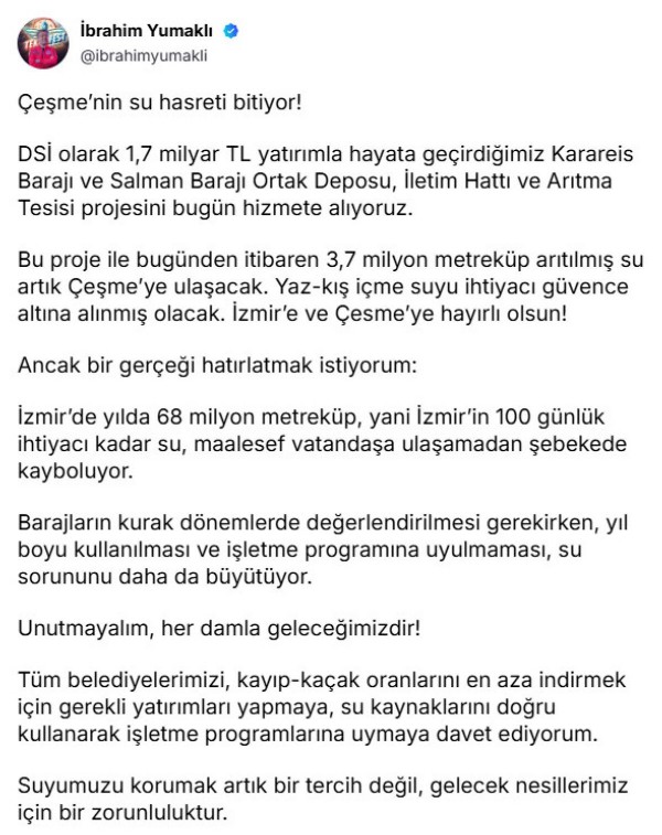 İbrahim Yumaklı duyurdu! Karareis Barajı'ndan Çeşme'ye ilk su...
