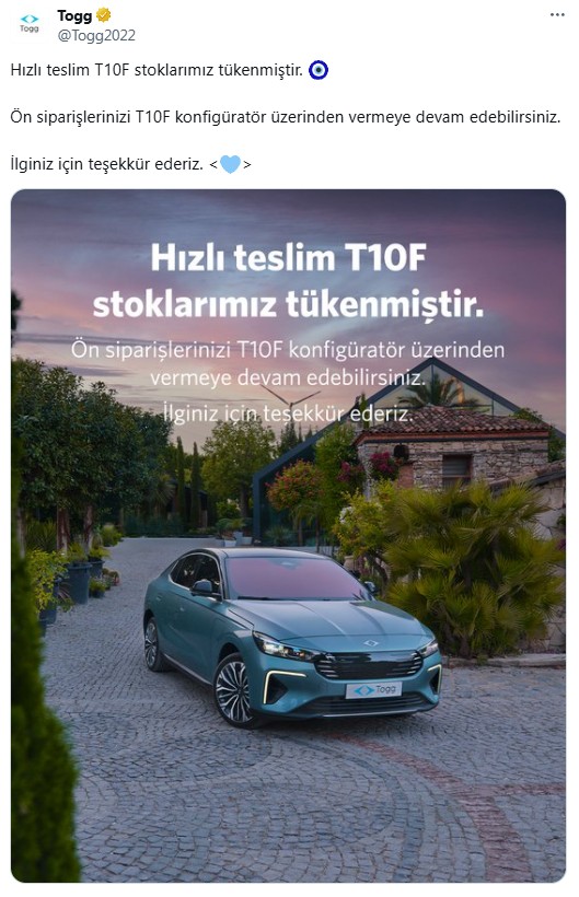 Togg T10F'e rekor talep! 24 saat dolmadan stoklar tükendi