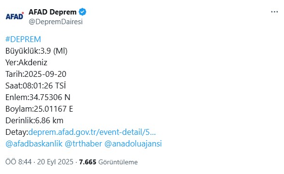 Akdeniz'de korkutan deprem! AFAD ilk verileri duyurdu