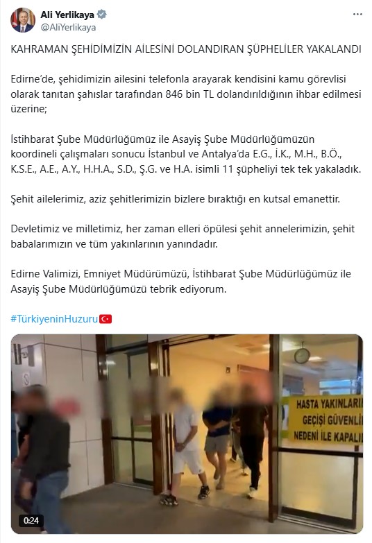 Bakan Yerlikaya duyurdu!Kahraman şehidimizin ailesini dolandıran şüpheliler yakalandı