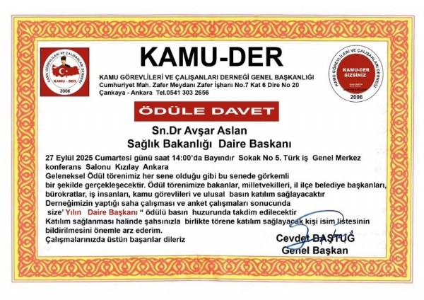 Kayserili Başarılı Bürokrat Avşar Aslan Yılın Daire Başkanı Seçildi