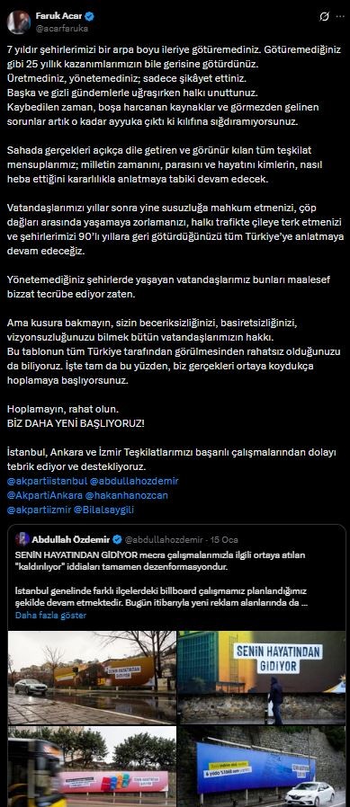 AK Partili Faruk Acar'dan CHP'ye tepki! '7 yıldır şehirlerimizi bir arpa boyu ileriye götüremediniz'